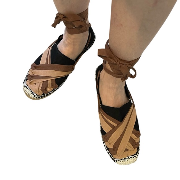 Artesania Shoes - Artesania Hand Made Chic Black and Brown Espadrille Ankle Tie Flats, Sz EU 37